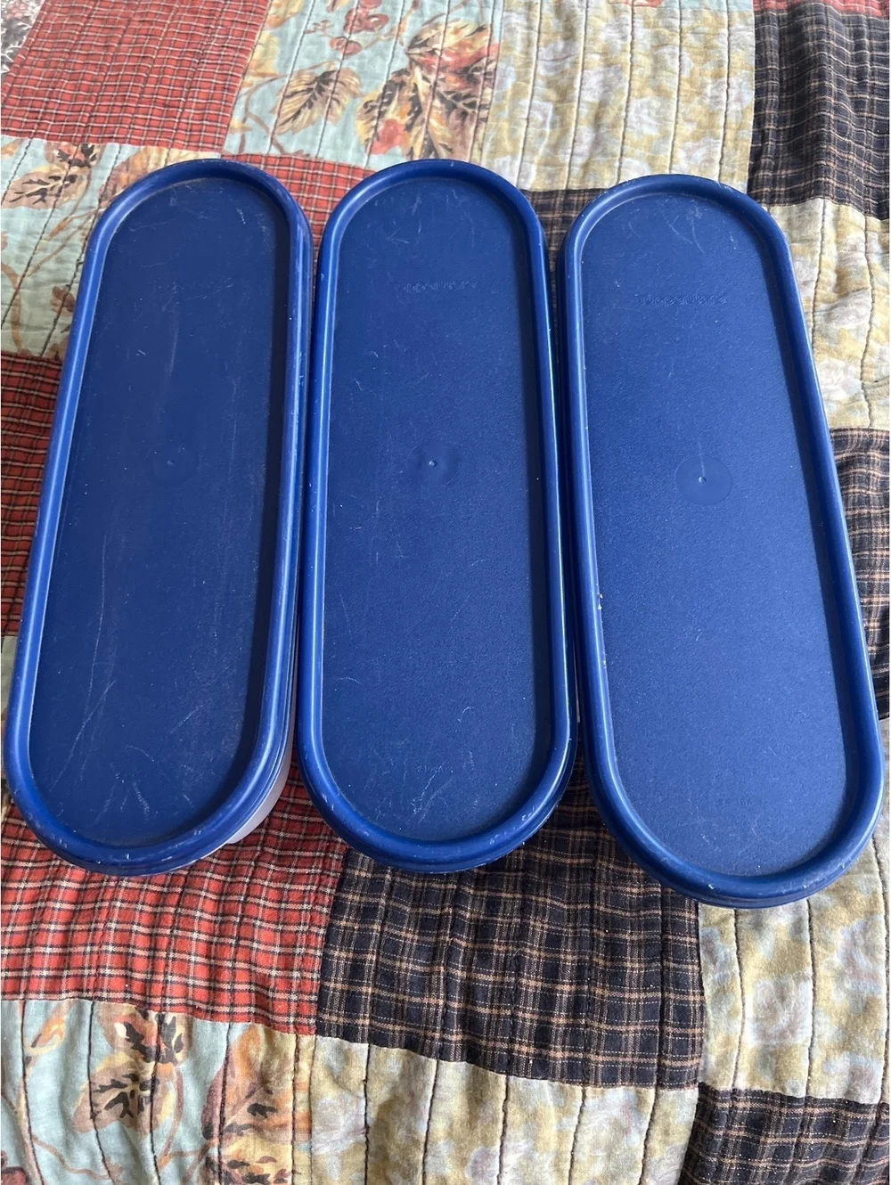 Set of 3 Tupperware Blue and White Plastic Storage Containers with Lids